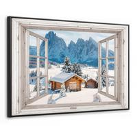 LEINWAND Bilder mit Rahmen - Winterlandschaft - Hütte - Berge - Ausblicke - Aussicht - Natur - 90x60 - Weiß Hochglanz, Textil (90/60cm) - MuchoWow