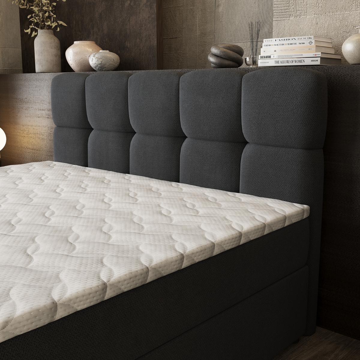 BOXBETT BRUME 200x200 cm mit Matratze und Topper, H2+H3 - Schwarz - Schwarz, Holz (200/200cm) - MASSENO