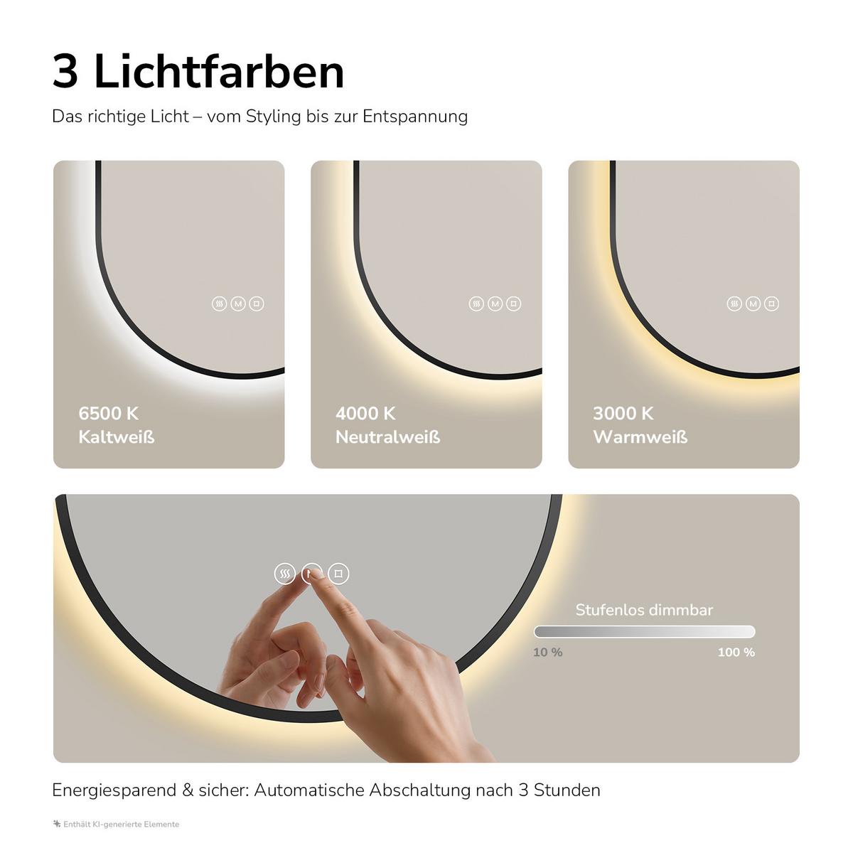 BADSPIEGEL oval mit LED-Beleuchtung 50 x 90 cm Antibeschlag Schwarz - Schwarz, Glas (90/50/3cm) - EMKE