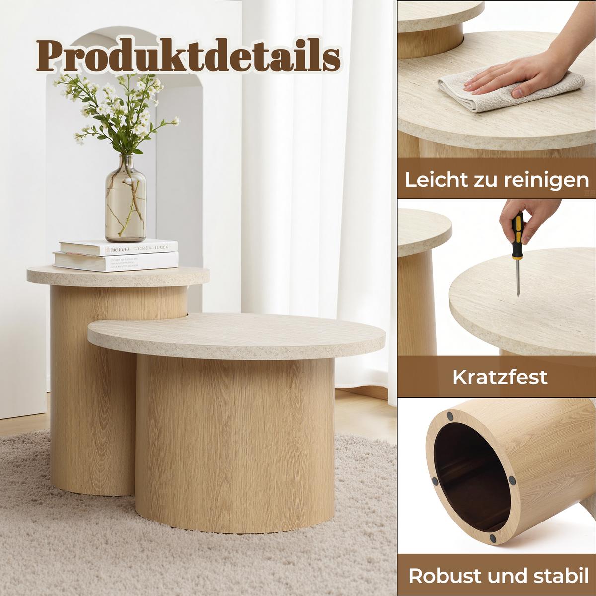 COUCHTISCH Rund 2er Set Holz mit Travertin-Optik, Ø60 & 40cm - Braun, Holzwerkstoff (60/85/47.5cm) - Hometopia