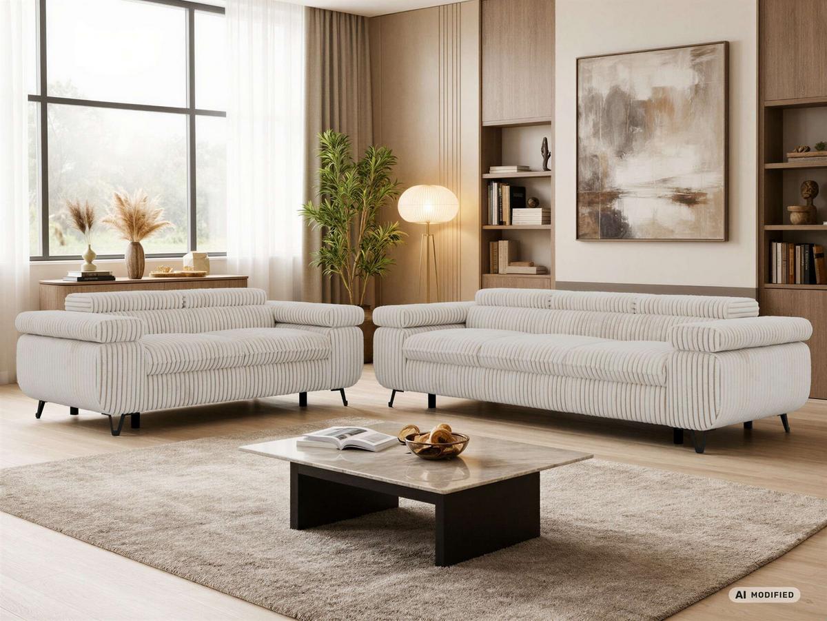 SITZGARNITUR PETER 2+3 - Beige Cord - Beige/Creme, Textil/Metall (262/76/99cm) - MKS