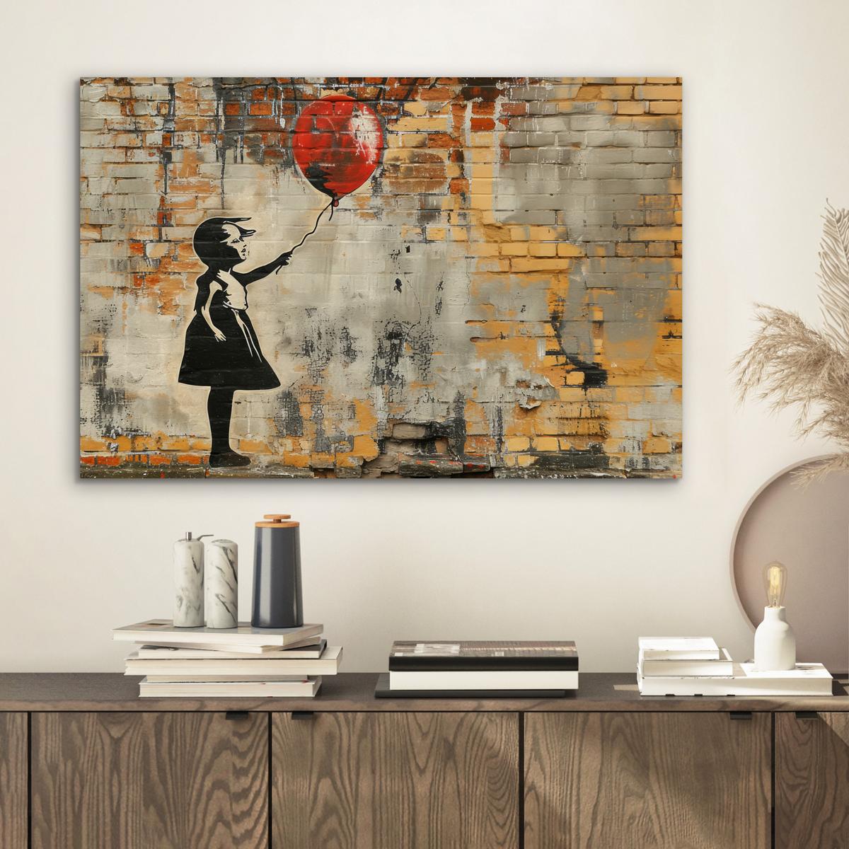 METALLBILD Graffiti - Banksy - Mädchen - Straßenkunst Wandbild 60x40 cm - Sandfarben, Metall (60/40cm) - MuchoWow