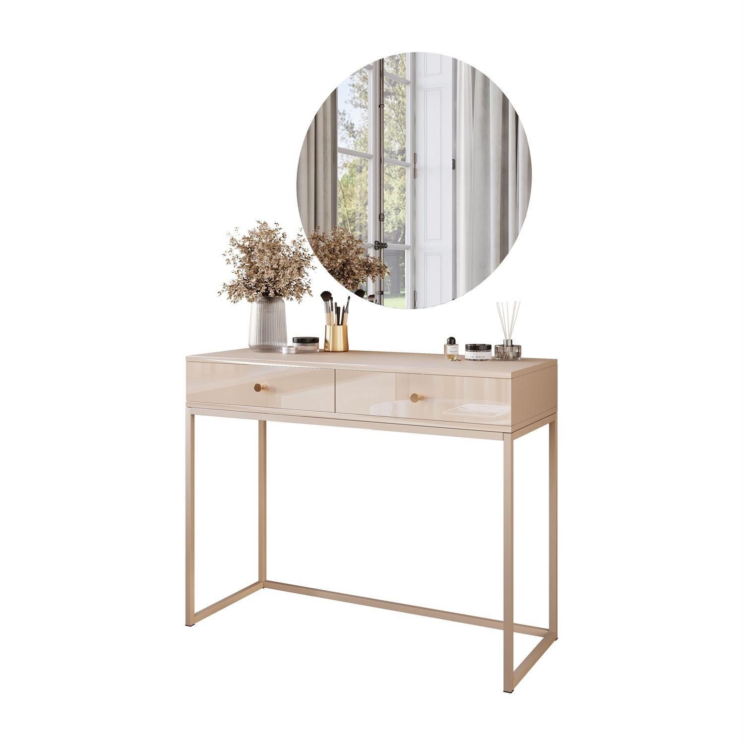 SCHMINKTISCH Blanco Glamour auf Kaschmir-Gestell mit LED-Spiegel goldener Griff - Kaschmir, Holzwerkstoff (100/81/42cm) - Lookway