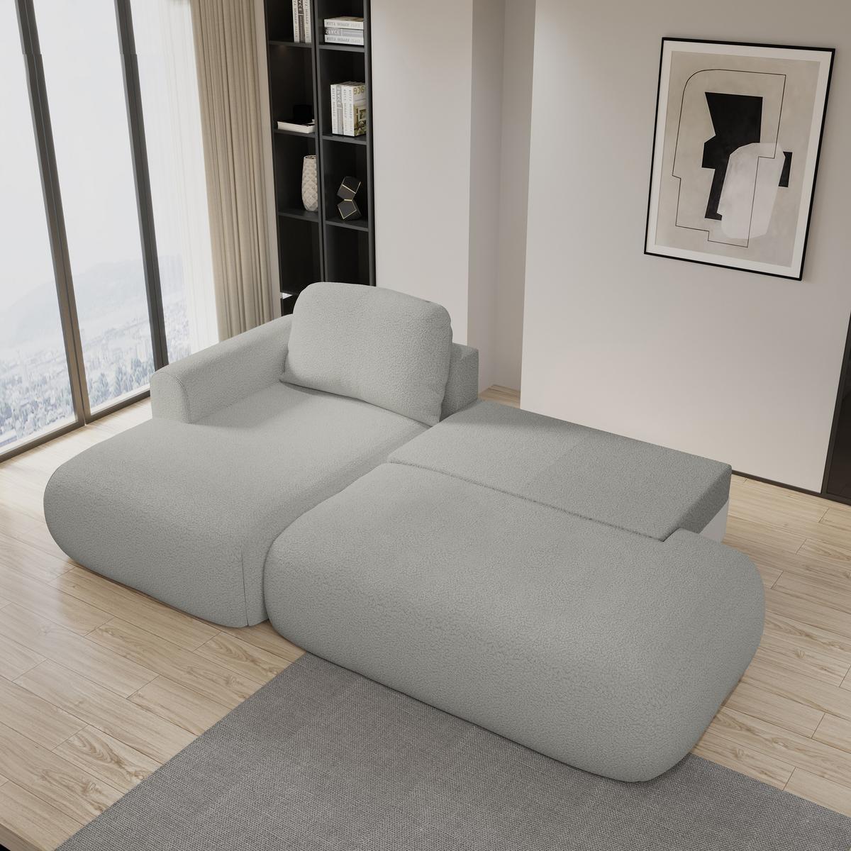 ECKSOFA NUVIRA L-S Hellgrau Boucle-Stoff mit Schlaffunktion - Hellgrau, Holz (279/158cm) - MASSENO