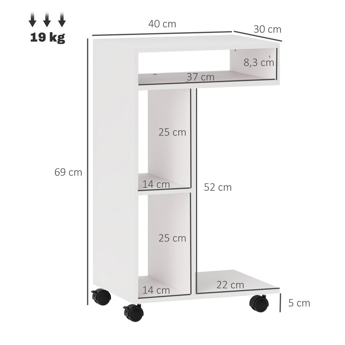 BEISTELLTISCH Couchtisch mit Rollen, Schreibtisch mit 4 Regalen, Sofatisch Weiß - Weiß, Holzwerkstoff (40/30/69cm) - HOMCOM