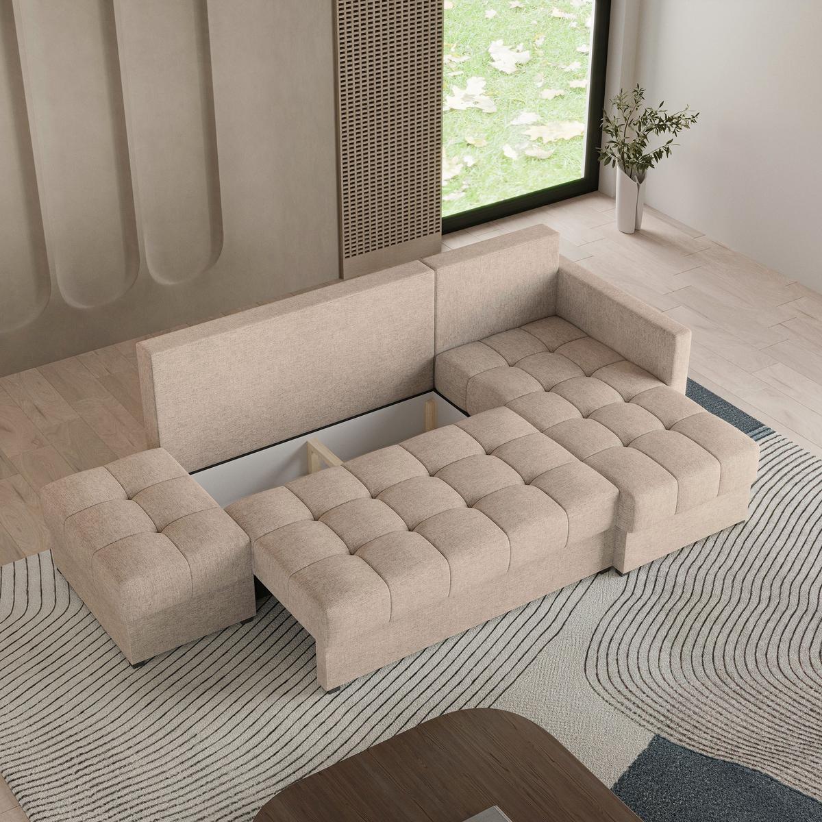 ECKSOFA LUMARI R-S Beige Plüsch-Stoff mit Schlaffunktion - Beige, Holz (262/143cm) - MASSENO