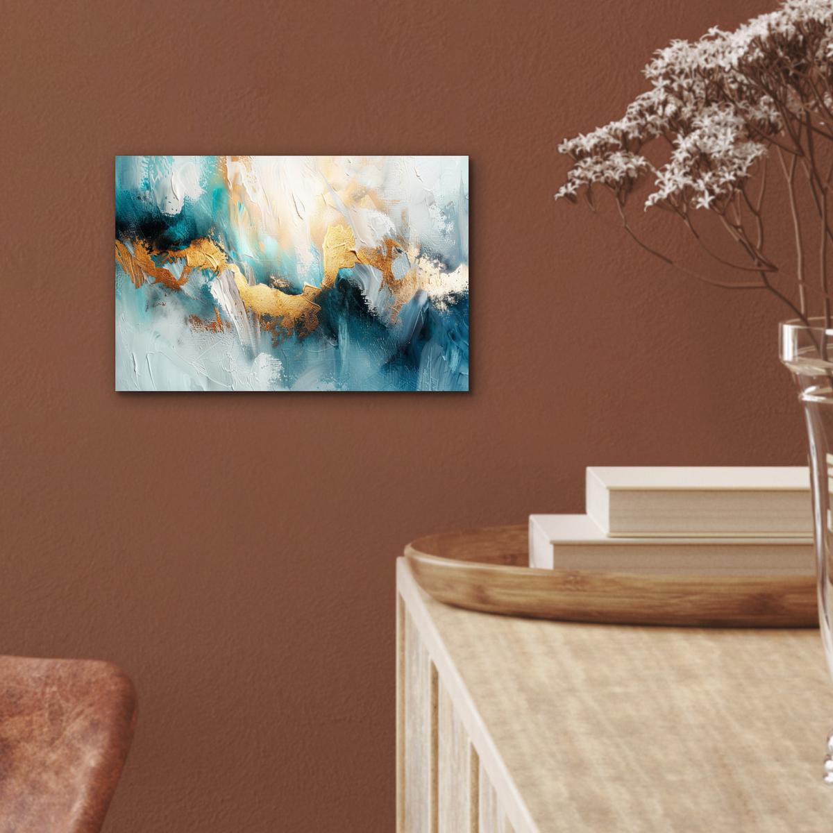 METALLBILD Abstrakt - Kunst - Gold - Blau 30x20 cm - Petrol, Metall (30/20cm) - MuchoWow