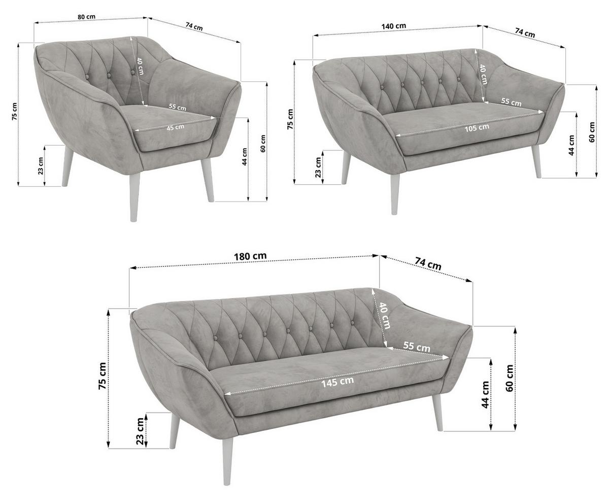 SITZGARNITUR PIRS 3+2+1 - Hellgrau Velvet - Weiße Beine - Hellgrau/Weiß, Holzwerkstoff/Textil (180/75/74cm) - MKS
