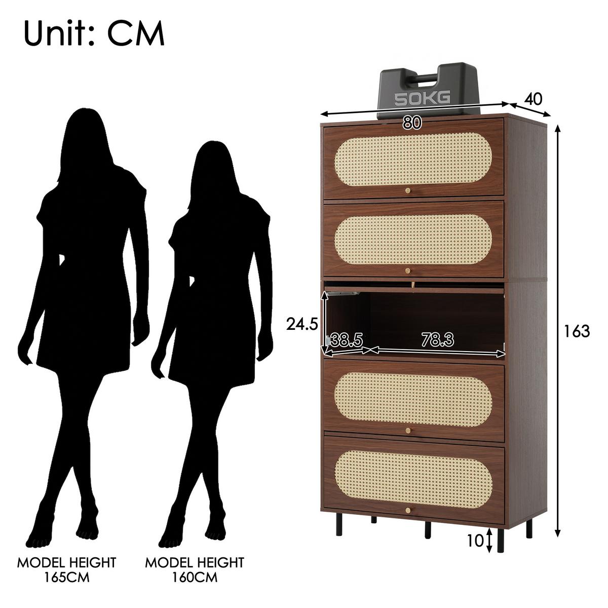 BUFFETSCHRANK Nussbaum & Rattan, 5 Klappen, Metallbeine - Walnussfarben, Holz (80/163/40cm) - Urban Meuble