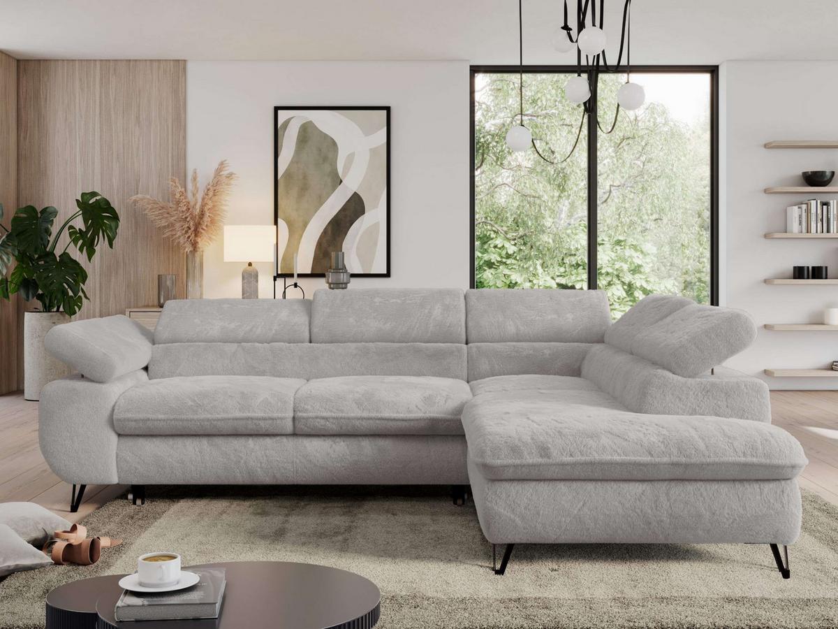 ECKSOFA PEDRO L Hellgrau Plüsch - Rechts Seite - Hellgrau/Schwarz, Textil/Metall (273/208cm) - MKS