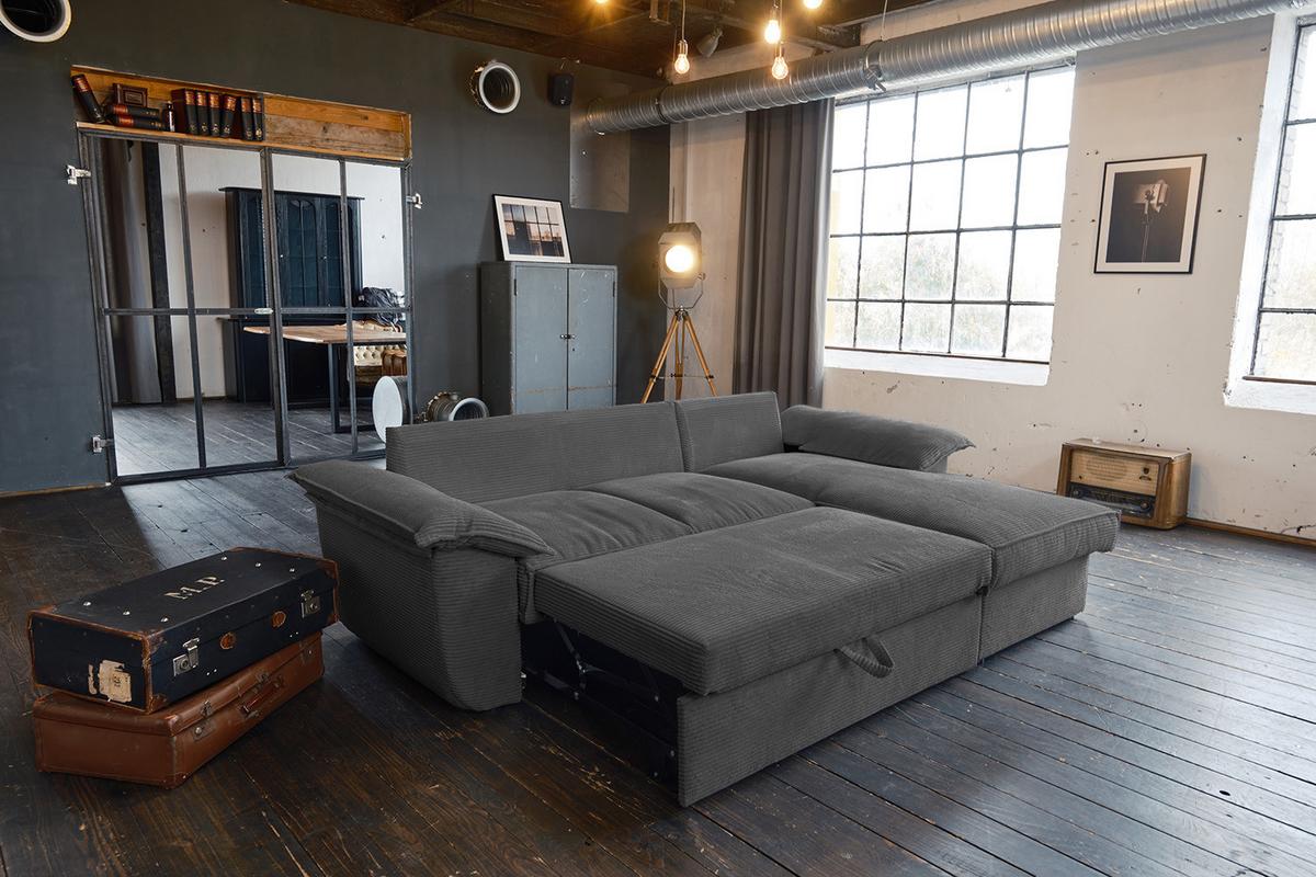 ECKSOFA DAMETO Grau Cord Mit Schlaffunktion - Schwarz/Grau, Kunststoff/Textil (266/174cm) - KAWOLA