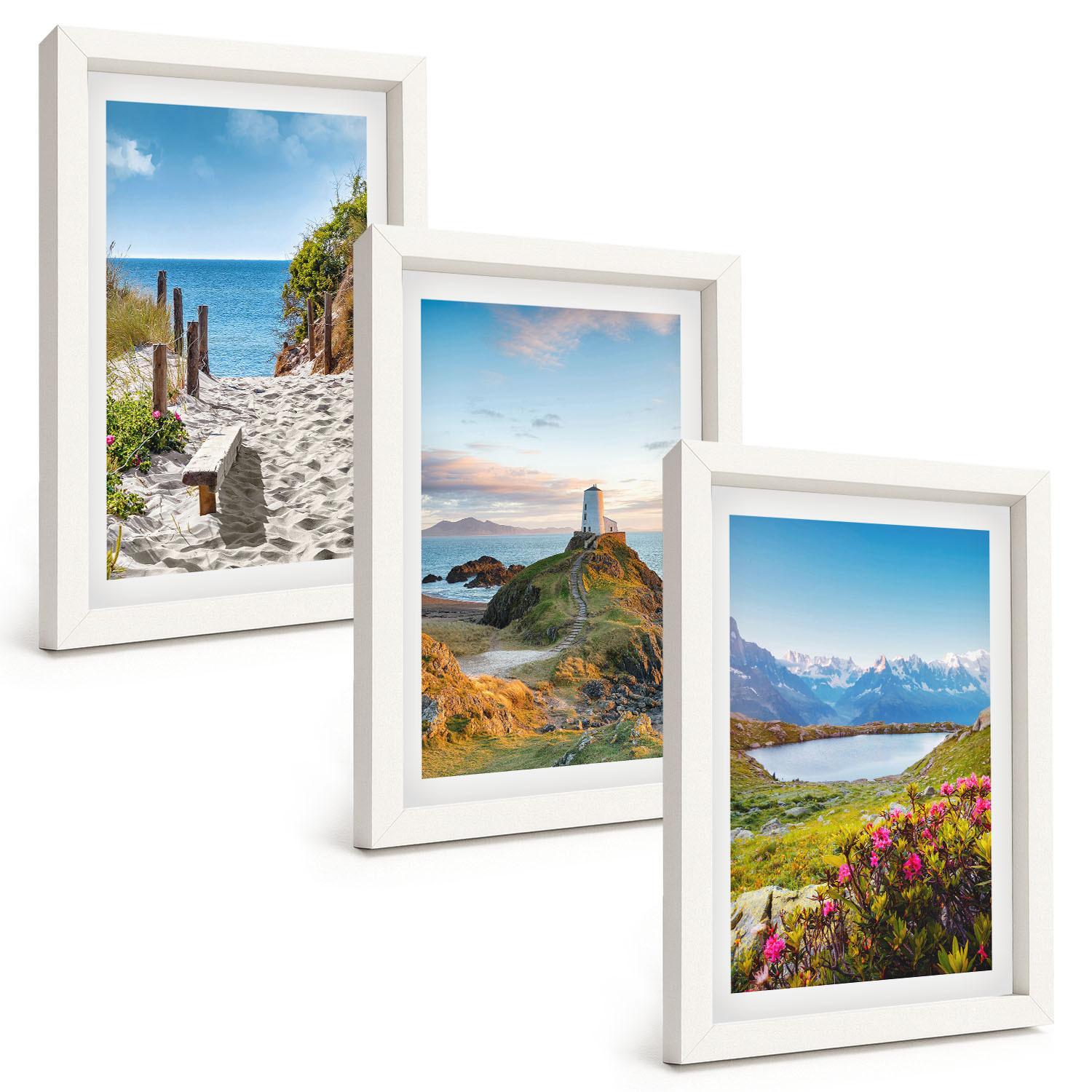 BILDER SET 3er Set - 20x30 cm Weißer Rahmen - Strand, Leuchtturm, Berge, Blumen - Weiß, Kunststoff (20/30cm) - TULUP