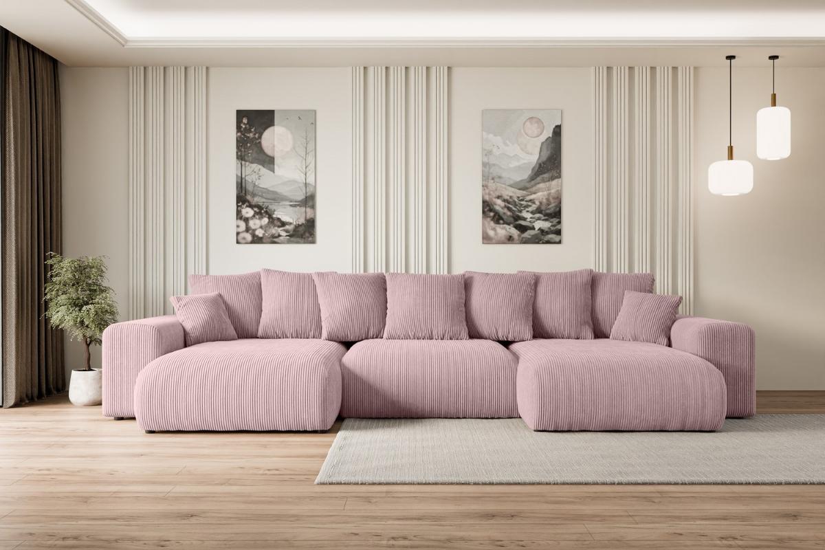 WOHNLANDSCHAFT mit Schlaffunktion ESKAR-U -364x176x72cm Rosa Cord - Schwarz/Rosa, Holzwerkstoff/Kunststoff (364/72/176cm) - ALTDECOR