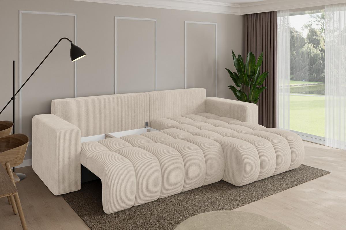 ECKSOFA mit Schlaffunktion Ottomane Rechts MILA-L-v1 277x195x86 Beige Cord - Beige/Schwarz, Holzwerkstoff/Kunststoff (277/194cm) - ALTDECOR
