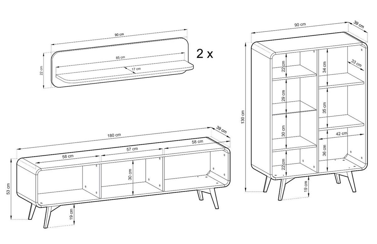 WOHNWAND Eiche natur 4-teilig 290 cm, Anbauwand mit Push-to-Open - Eichefarben, Glas/Holz (290/170/39cm) - Furn.Design