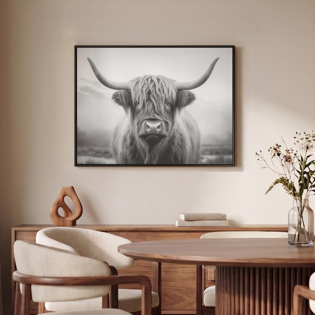 LEINWAND Bilder mit Rahmen - Schottischer Highlander - Nebel - Schwarz - Weiß - 70x50 - Grau, Textil (70/50cm) - MuchoWow