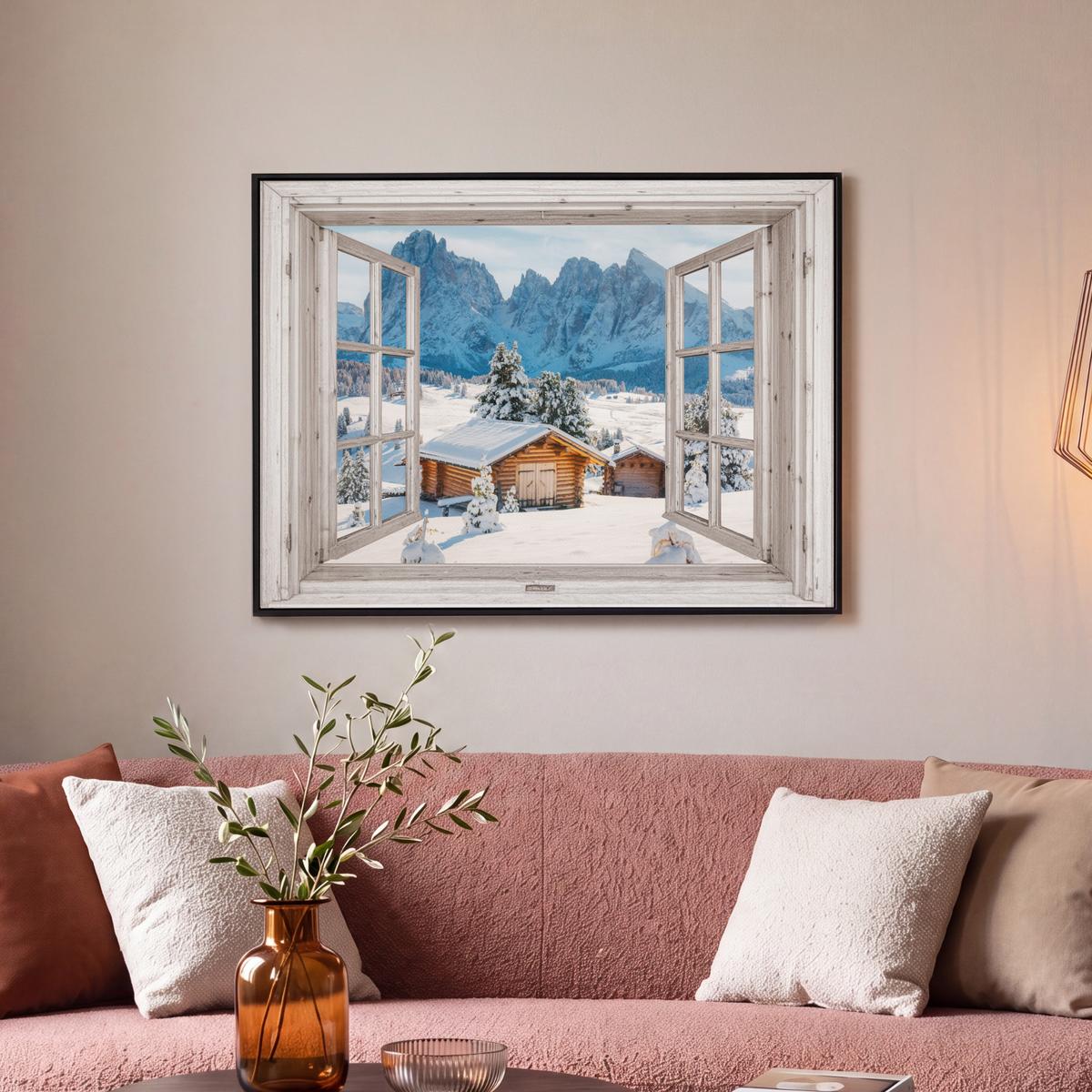 LEINWAND Bilder mit Rahmen - Winterlandschaft - Hütte - Berge - Ausblicke - Aussicht - Natur - 80x60 - Weiß Hochglanz, Textil (80/60cm) - MuchoWow