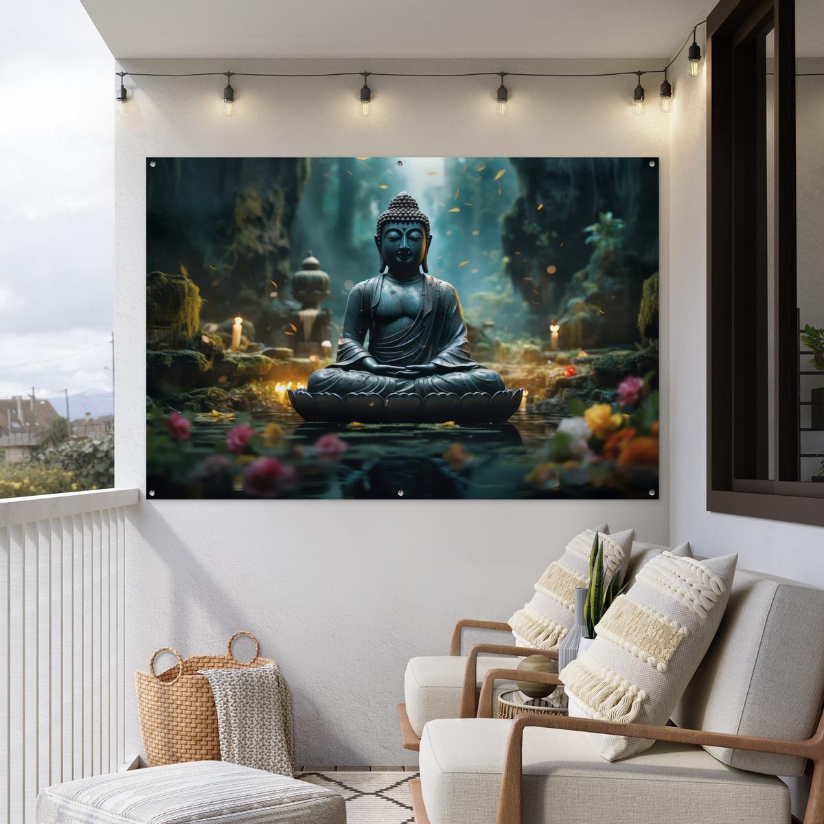 GARTENPOSTER Buddha - Statue - Buddha - Zen - Kunst - Buddha Poster für draußen 180x120 cm - Dunkelgrau, Kunststoff (180/120/0.2cm) - OnlyWow