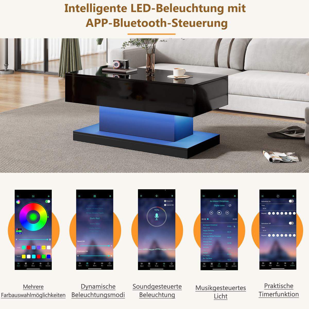 COUCHTISCH Hochglanz Schwarz mit LED Liftfunktion & Stauraum 100×50 cm - Weiß, Holzwerkstoff (50/100/45cm) - Urban Meuble