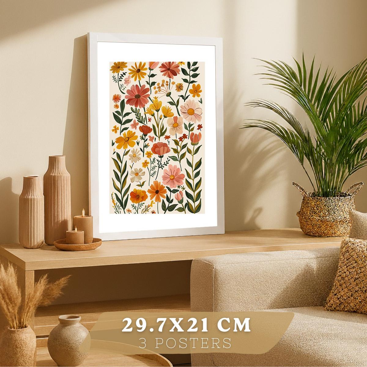 POSTER 3er-Set Wandbilder Wildblumen modern Wohnzimmer Deko, Schlafzimmer, Küche, Badezimmer Weißer Rahmen A4 - Weiß, Papier (29.7/1/21cm) - Nacnic