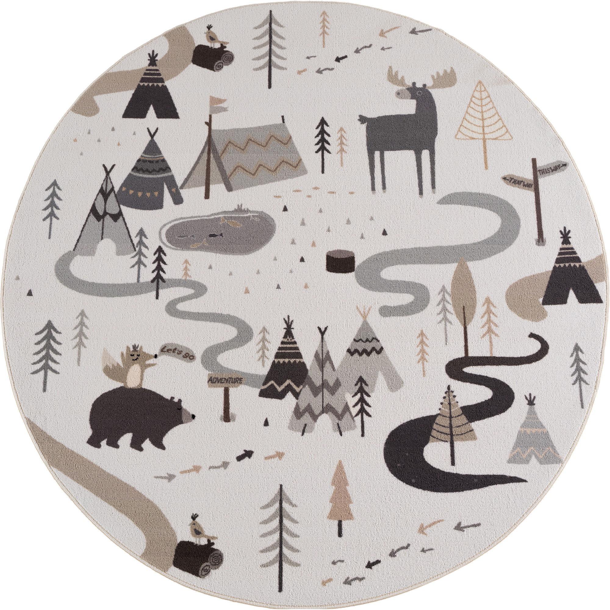 SPIELTEPPICH Waschbar TINO in Creme, mit Waldtier-Motiv, Ø 200 cm - Beige, Textil (200/200cm) - KADIMA DESIGN
