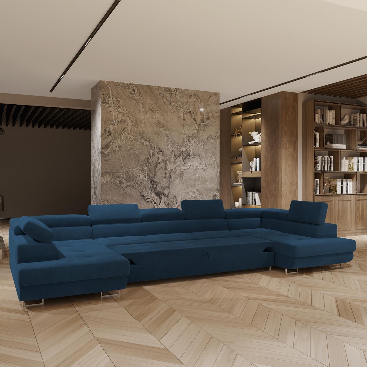 WOHNLANDSCHAFT ISOLANO Blau Velours-Stoff mit Schlaffunktion - Blau, Holz (408/90/202cm) - MASSENO