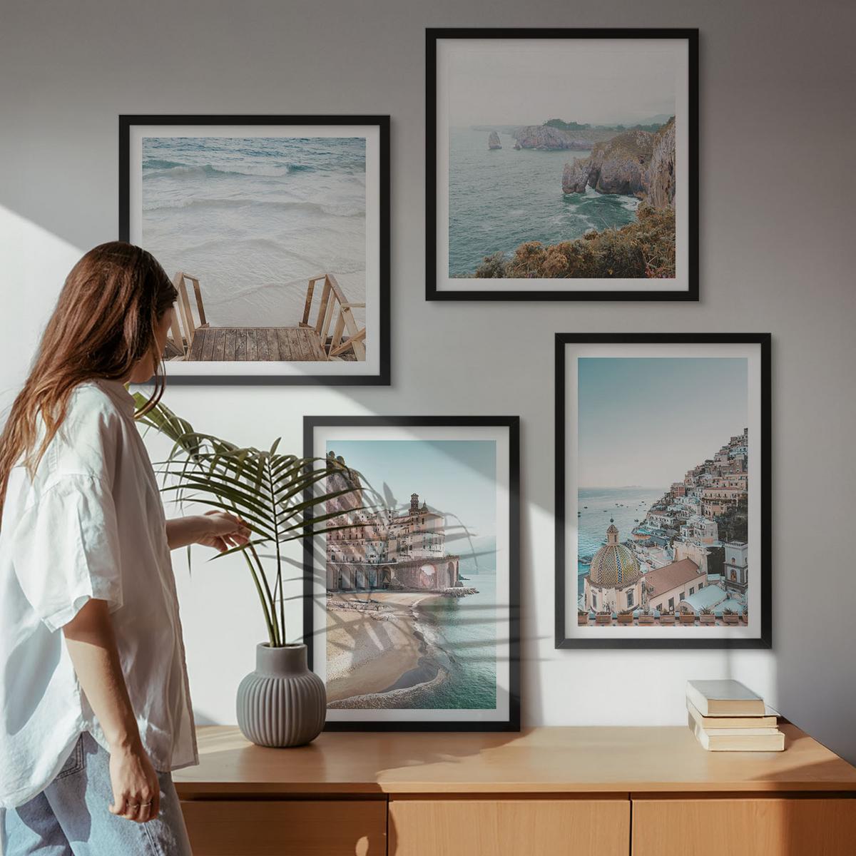 BILDER SET 4er Set - 50x50 cm & 40x60 cm Schwarzer Rahmen - Sommerliche Strandansichten in Pastellfarben - Schwarz, Kunststoff (50/50cm) - TULUP