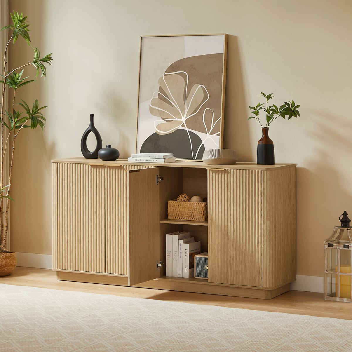 BUFFET in Heller Holzoptik mit Geriffelter Front, Beige - Naturfarben, Holzwerkstoff (40/80/160cm) - Urban Meuble