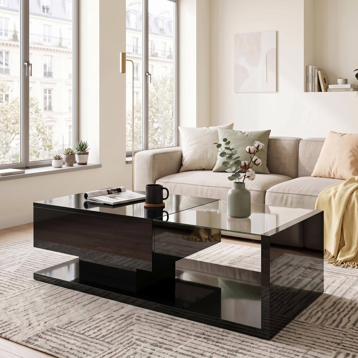 COUCHTISCH Hochglanz Schwarz mit Glas, LED-Beleuchtung & Stauraum - Schwarz, Holzwerkstoff (55/105/32.5cm) - Urban Meuble