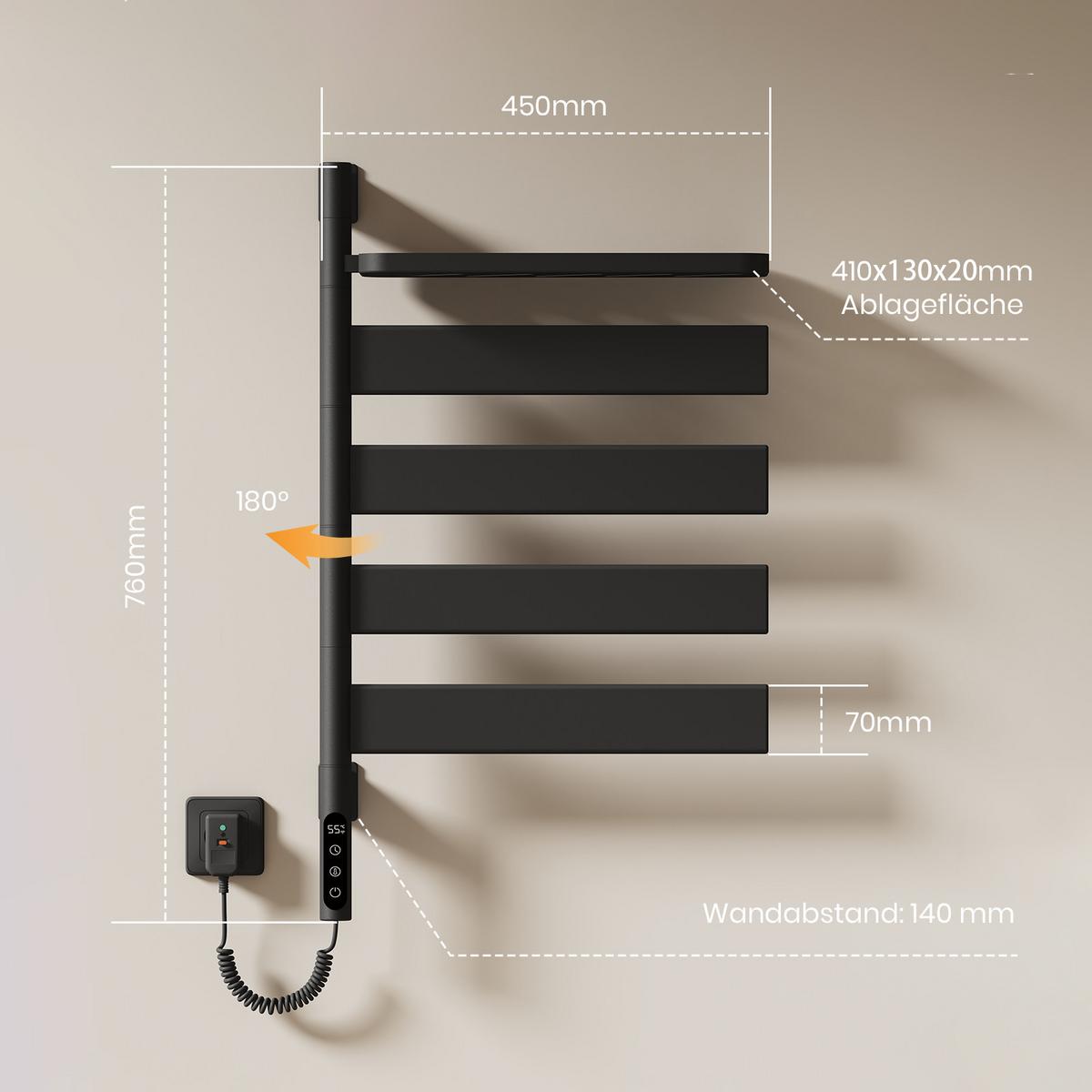 HEIZKÖRPER Handtuchheizkörper Intelligentes Heizsystem mit Ablage Schwarz 76/45 cm - Schwarz, Metall (45/76/14cm) - EMKE