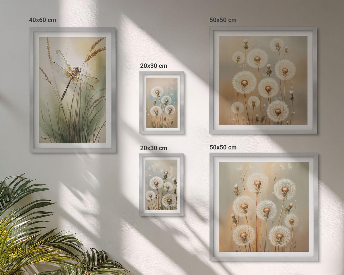 BILDER SET 5er Set - 50x50 cm & 20x30 cm & 40x60 cm Silberner Rahmen - Weiße Löwenzahnblüten auf hellem Hintergrund - Silberfarben, Kunststoff (40/60cm) - TULUP