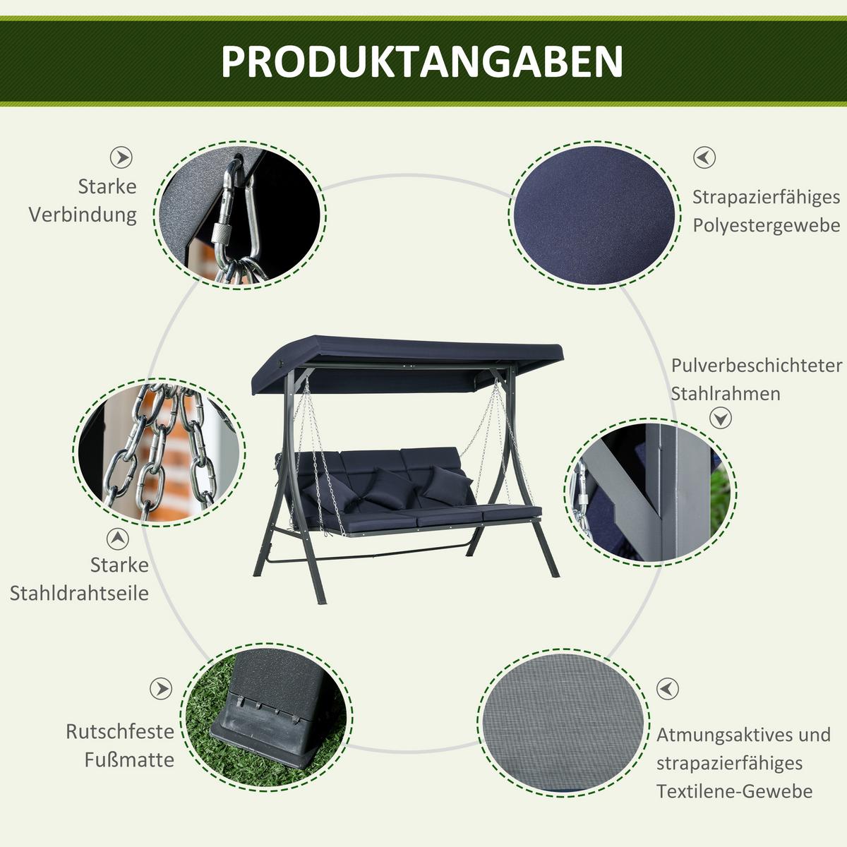 HOLLYWOODSCHAUKEL, Metall, Texteline, Dunkelblau, 198 x 118 x 168 cm - Dunkelblau, Metall (118/168/198cm) - Outsunny