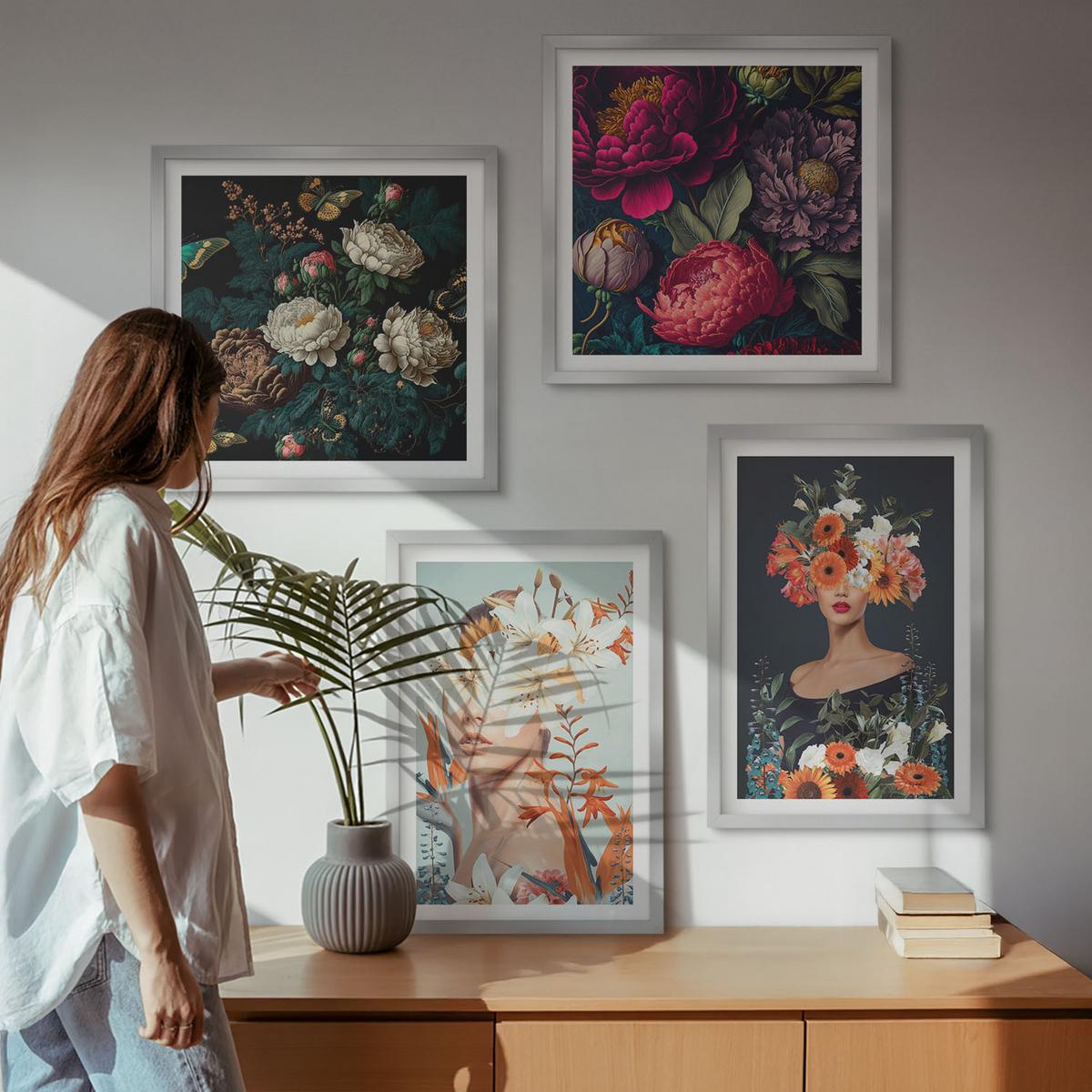 BILDER SET 4er Set - 50x50 cm & 40x60 cm Silberner Rahmen - Blumenporträts, Sträuße, Blätter - Silberfarben, Kunststoff (50/50cm) - TULUP