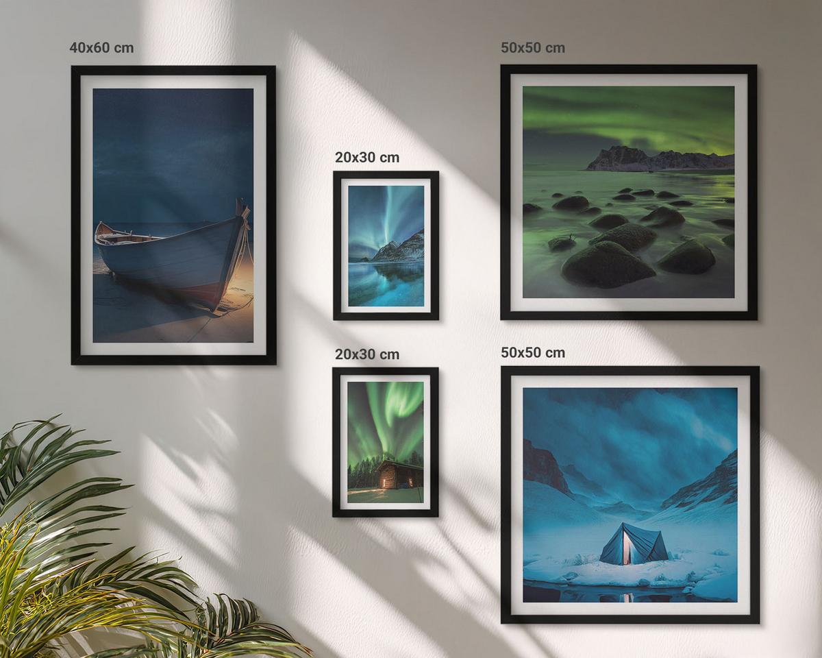 BILDER SET 5er Set - 50x50 cm & 20x30 cm & 40x60 cm Schwarzer Rahmen - Winterlandschaften, Nordlichter, Berge - Schwarz, Kunststoff (40/60cm) - TULUP