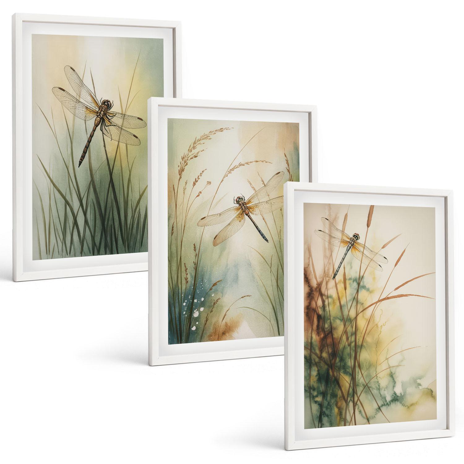 BILDER SET 3er Set - 40x60 cm Weißer Rahmen - Libellengräser über dem Wasser - Weiß, Kunststoff (40/60cm) - TULUP