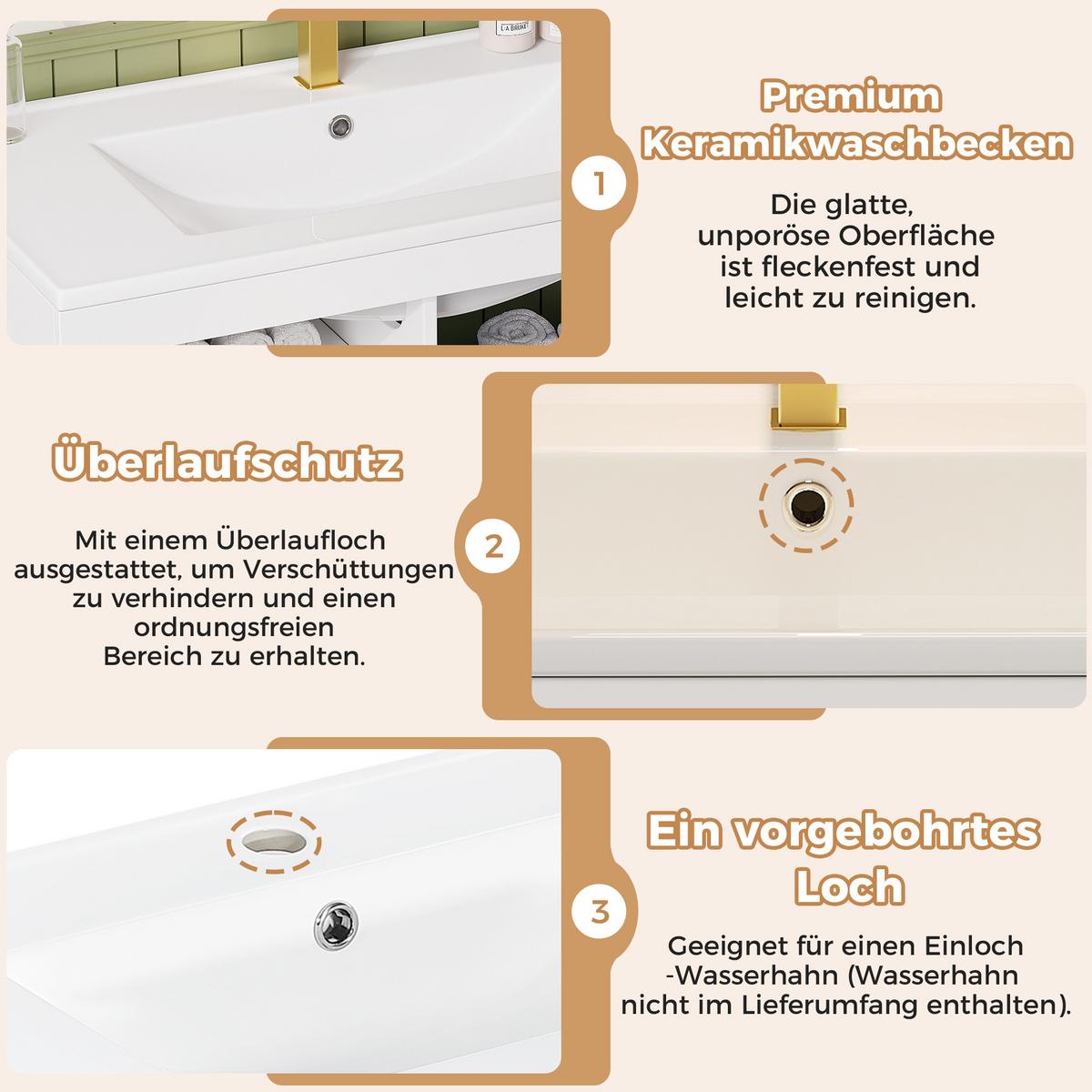 WASCHTISCH mit Unterschrank 76cm Weiß Holzoptik, LED-App & Soft-Close - Weiß, Holzwerkstoff (76/51/46cm) - Urban Meuble