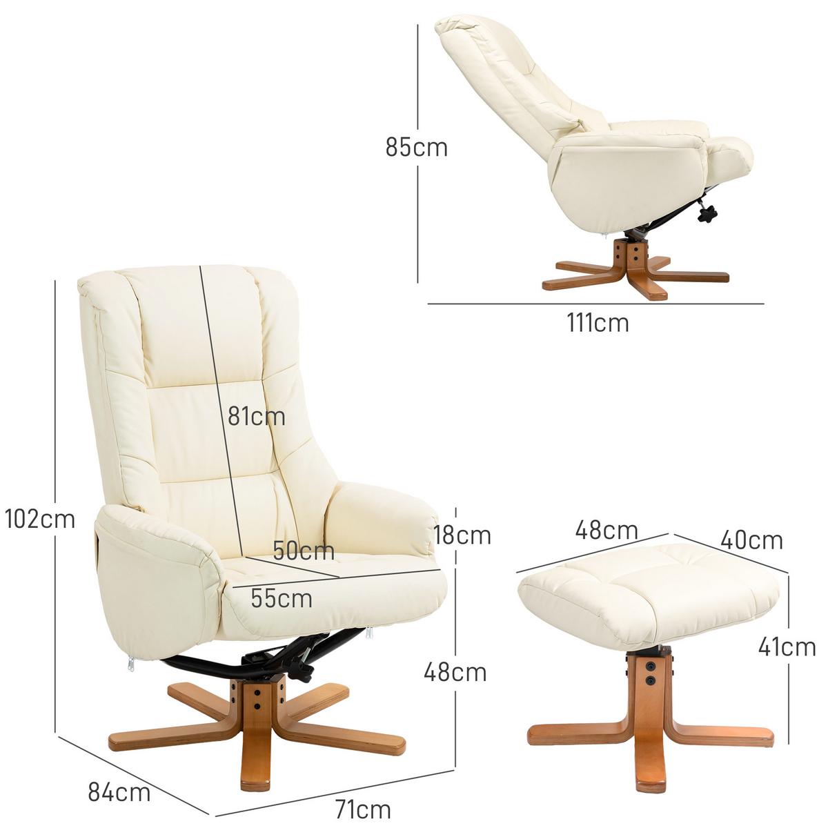 RELAXSESSEL mit Hocker, Fernsehsessel mit Liegefunktion, Wippfunktion, Schwarz - Gelb/Creme, Leder/Holz (84/102/71cm) - HOMCOM