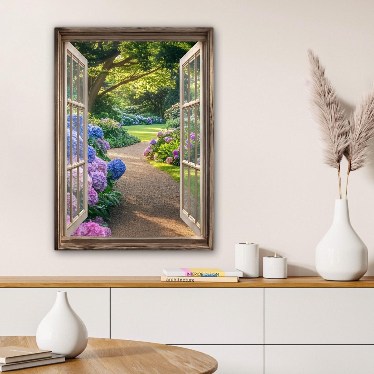 LEINWANDBILD Aussicht - Garten - Fenster - Hortensie - Blumen Wandbild Wohnzimmer 60x80 cm - Pastellblau, Textil (60/80cm) - MuchoWow