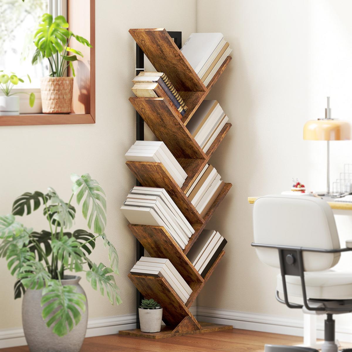 BÜCHERREGAL Standregal mit 9 Ebenen Schmal Regal im Baumform Rustikal Braun - Schwarz/Braun, Holzwerkstoff/Metall (24/136/50cm) - HOMCOM