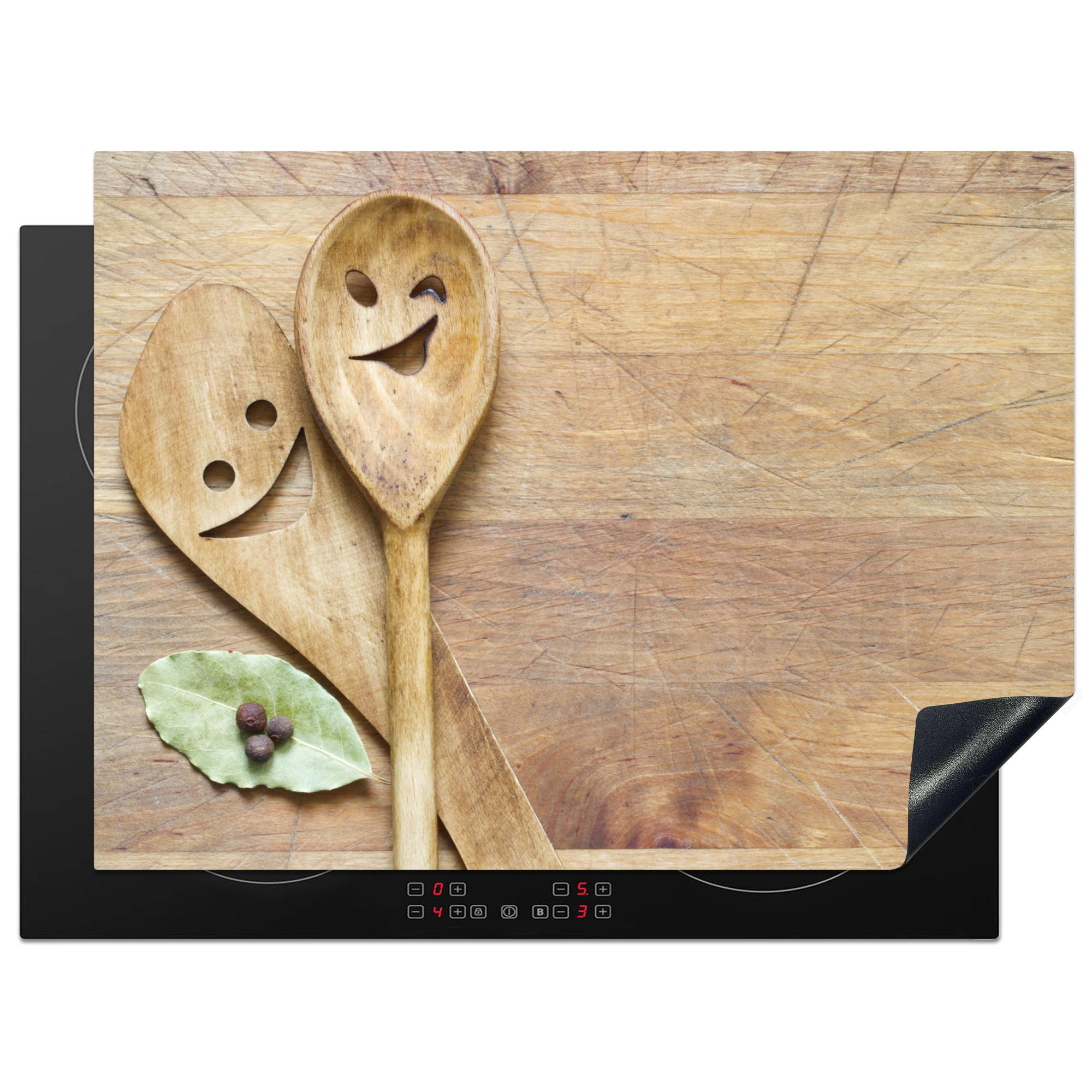 HERDABDECKPLATTE Holz - Löffel - Braun - Smiley Induktionsmatte 71x52 cm - Hellbraun, Kunststoff (71/52/0.2cm) - MuchoWow