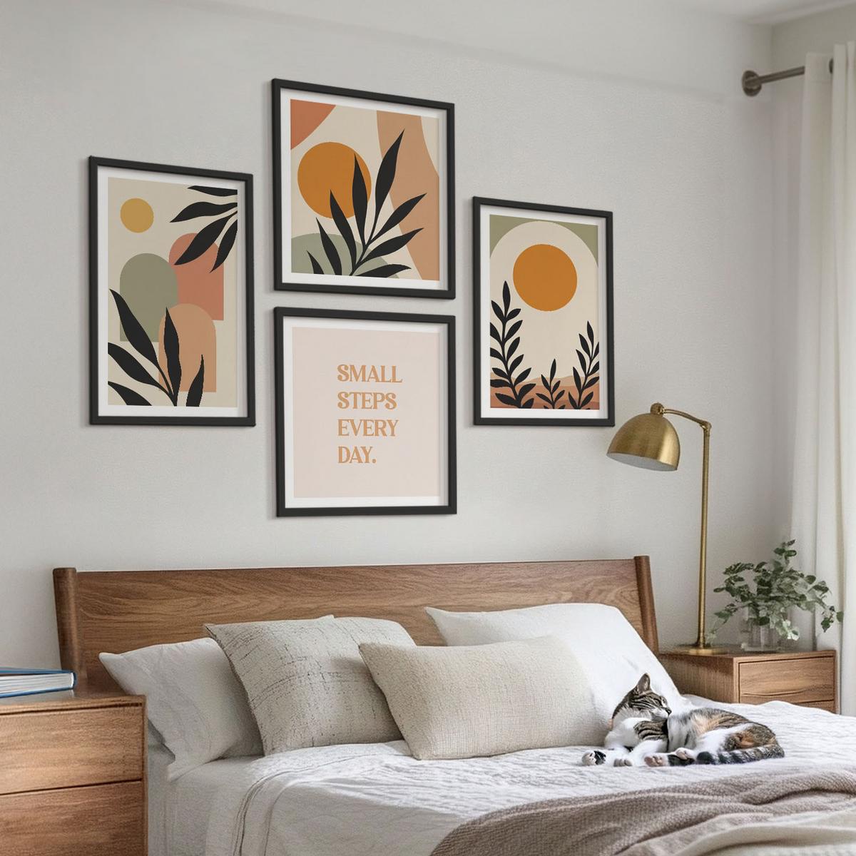 BILDER SET 4er Set - 50x50 cm & 40x60 cm Schwarzer Rahmen - Abstrakte Pflanzenmotive - Schwarz, Kunststoff (50/50cm) - TULUP