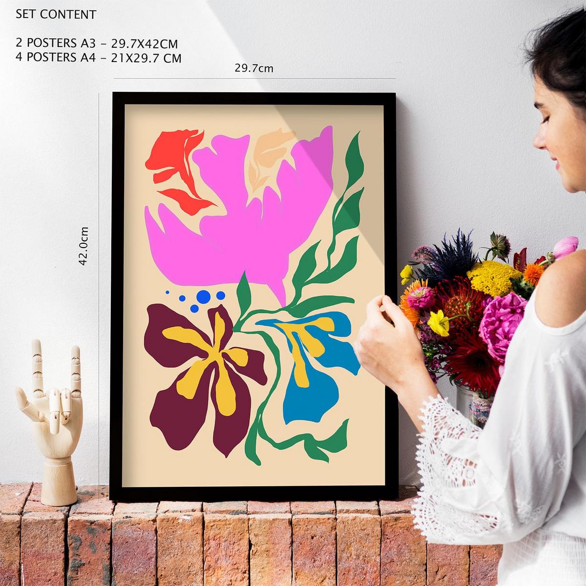 POSTER Set Mit 6 Malerisch 4 In Blume Zusammenfassung Ästhetische Dekorative Gemälde Für Ihr Wohnzimmer, Schlafzimmer, Zuhause A3 & A4 Weißer Rahmen - Weiß, Papier (29/3cm) - Nacnic