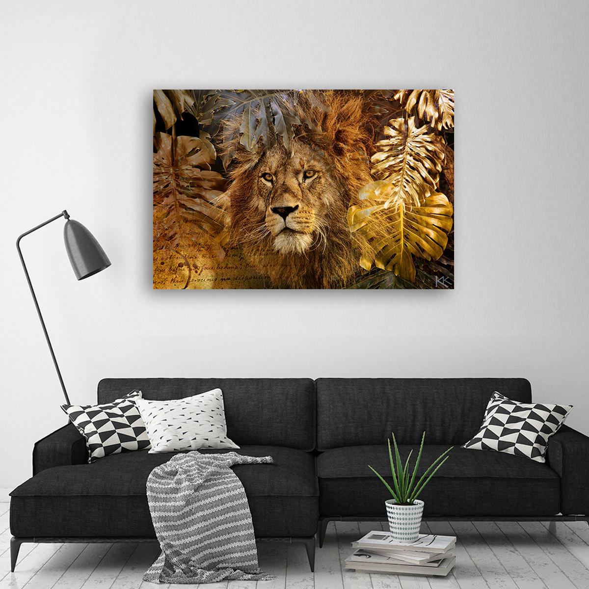 LEINWANDBILD Löwe und Monstera Goldene Blätter 100x70cm - Braun, Textil (100/70cm) - Feeby