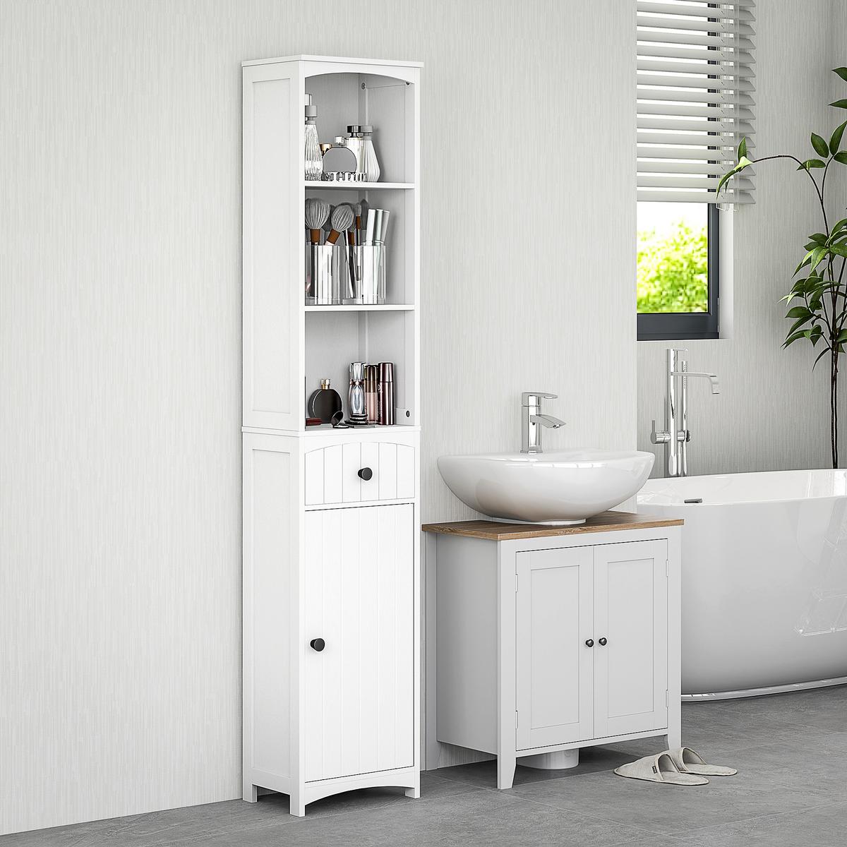 HOCHSCHRANK mit 3 Regalen, 1 Schublade, Weiß, 34x24x170,5cm - Weiß, Holz (24/170.5/34cm) - HOMCOM