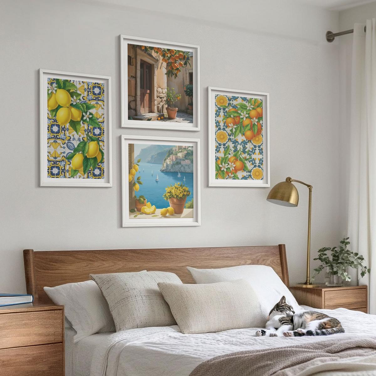 BILDER SET 4er Set - 50x50 cm & 40x60 cm Weißer Rahmen - Zitronen, Blumen, Orangen, Italien - Weiß, Kunststoff (50/50cm) - TULUP