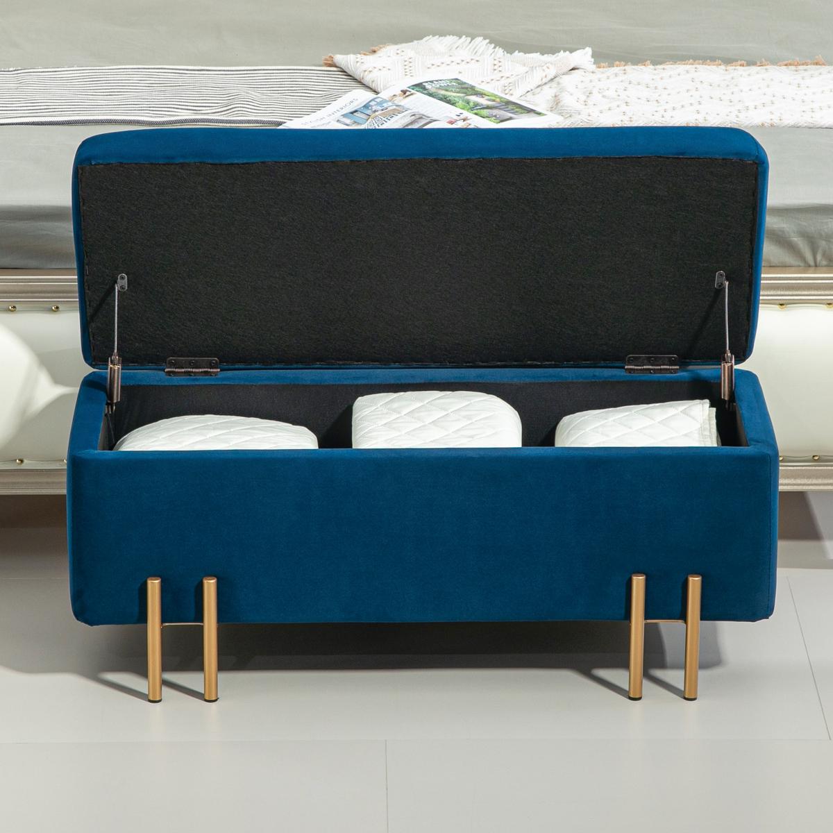 TRUHENBANK Metall, Kautschukholz, Schaumstoff Dunkelblau - Blau, Textil (40/42/100cm) - HOMCOM