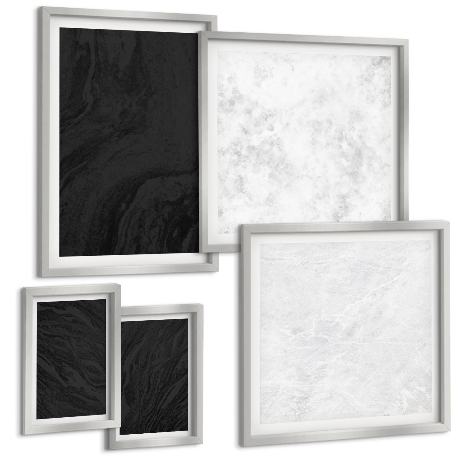 BILDER SET 5er Set - 50x50 cm & 20x30 cm & 40x60 cm Silberner Rahmen - Dunkles Licht, glamouröse Marmor - Silberfarben, Kunststoff (40/60cm) - TULUP