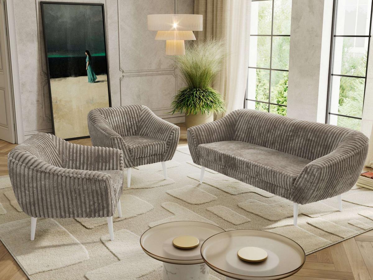 SITZGARNITUR PIRS 3+1+1 - Hellbraun Cord - Weiße Beine - Hellbraun/Weiß, Holzwerkstoff/Textil (180/75/74cm) - MKS