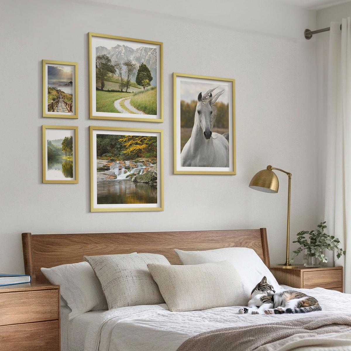 BILDER SET 5er Set - 50x50 cm & 20x30 cm & 40x60 cm Goldrahmen - Natur des Flusses White Horses - Goldfarben, Kunststoff (40/60cm) - TULUP