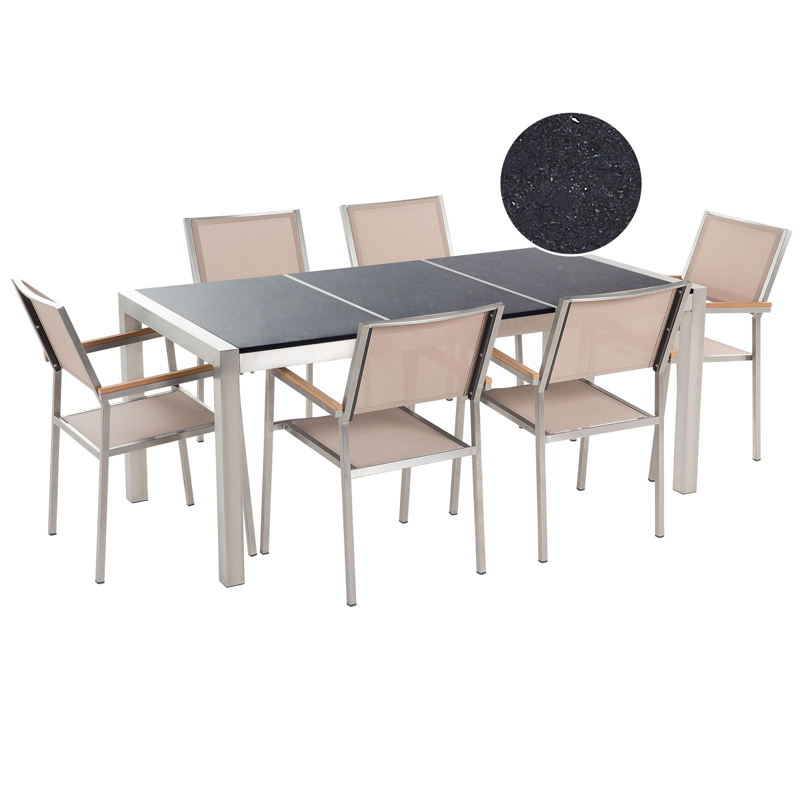 GARTENMÖBEL SET 6-Sitzer Naturstein Schwarz poliert Beige Grosseto - Beige/Silberfarben, Metall - Beliani
